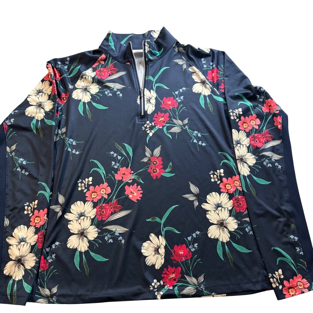 Lady Hagen Womens Navy Floral Quarter Zip Long Sleeve Golf Top Large Mock Neck